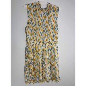 Sleeveless Ikat Print Ruffle Mini Dress Smocked High Neck Yellow Teal White